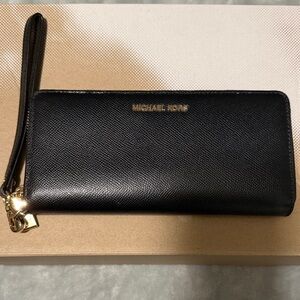 Michael Kors Black Leather Zip Wristlet Wallet with Gold Hardware